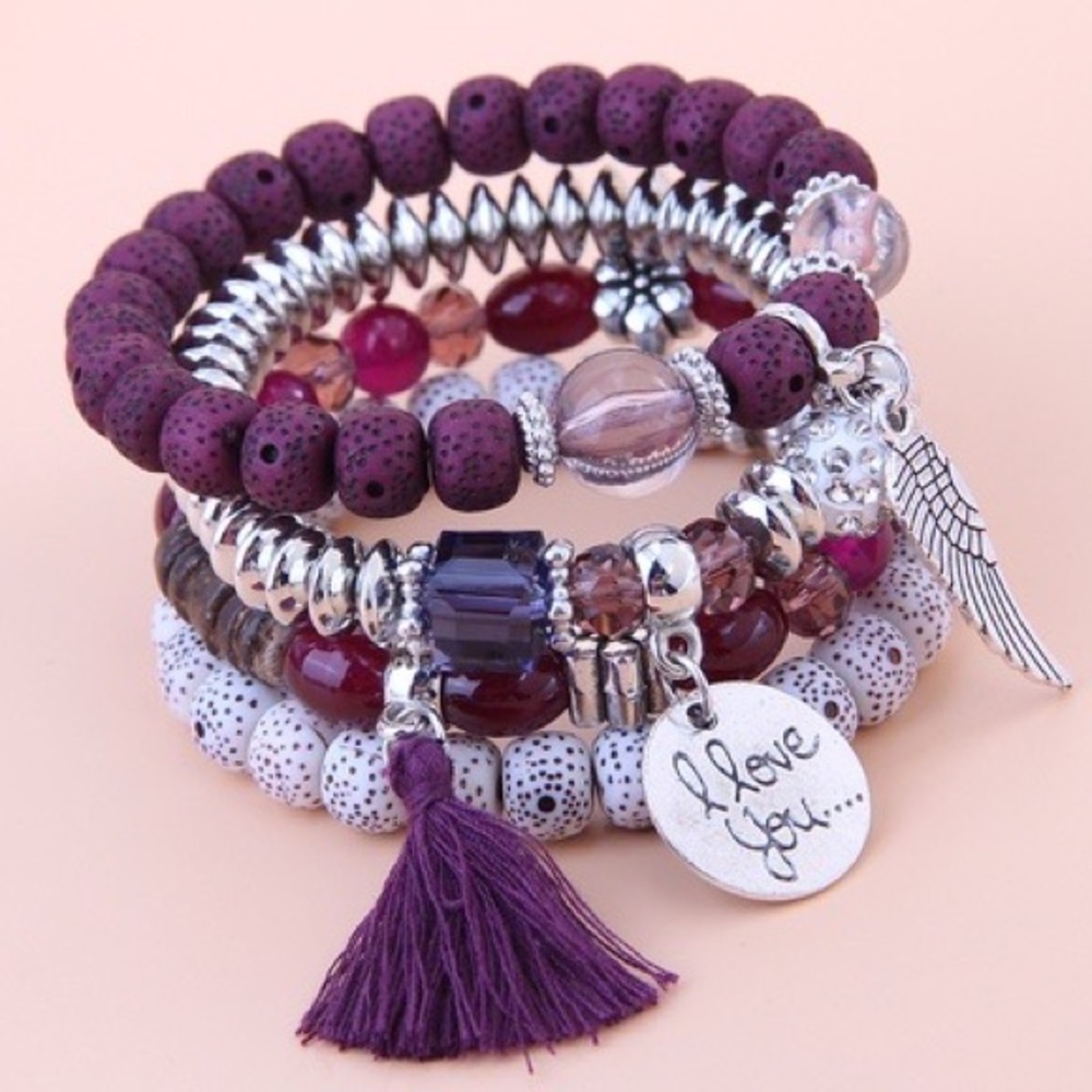 4 piece Love Wings Tassel Multilayer Bracelet Purple